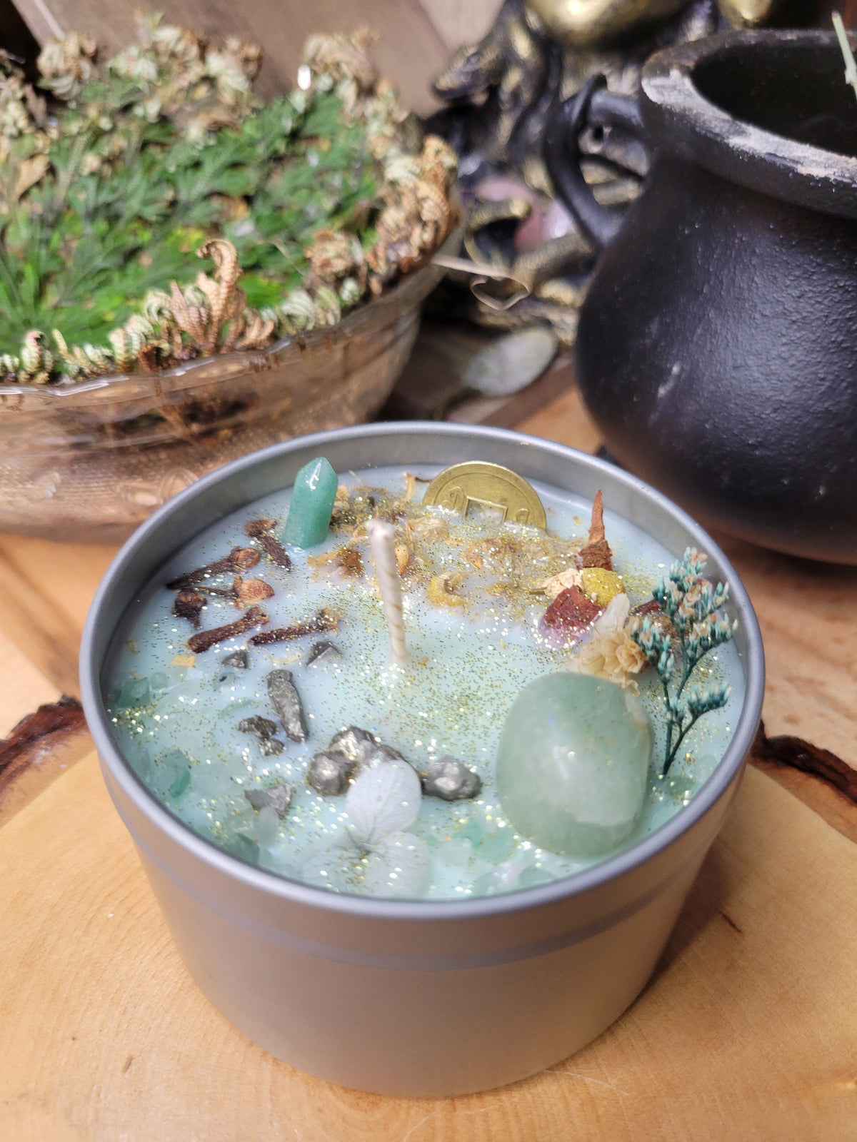 Abundance Soy Candle Wax Aventurine Pyrite Crystals for Prosperity, Dried Flowers , Handcrafted, Manifestation & Gifts