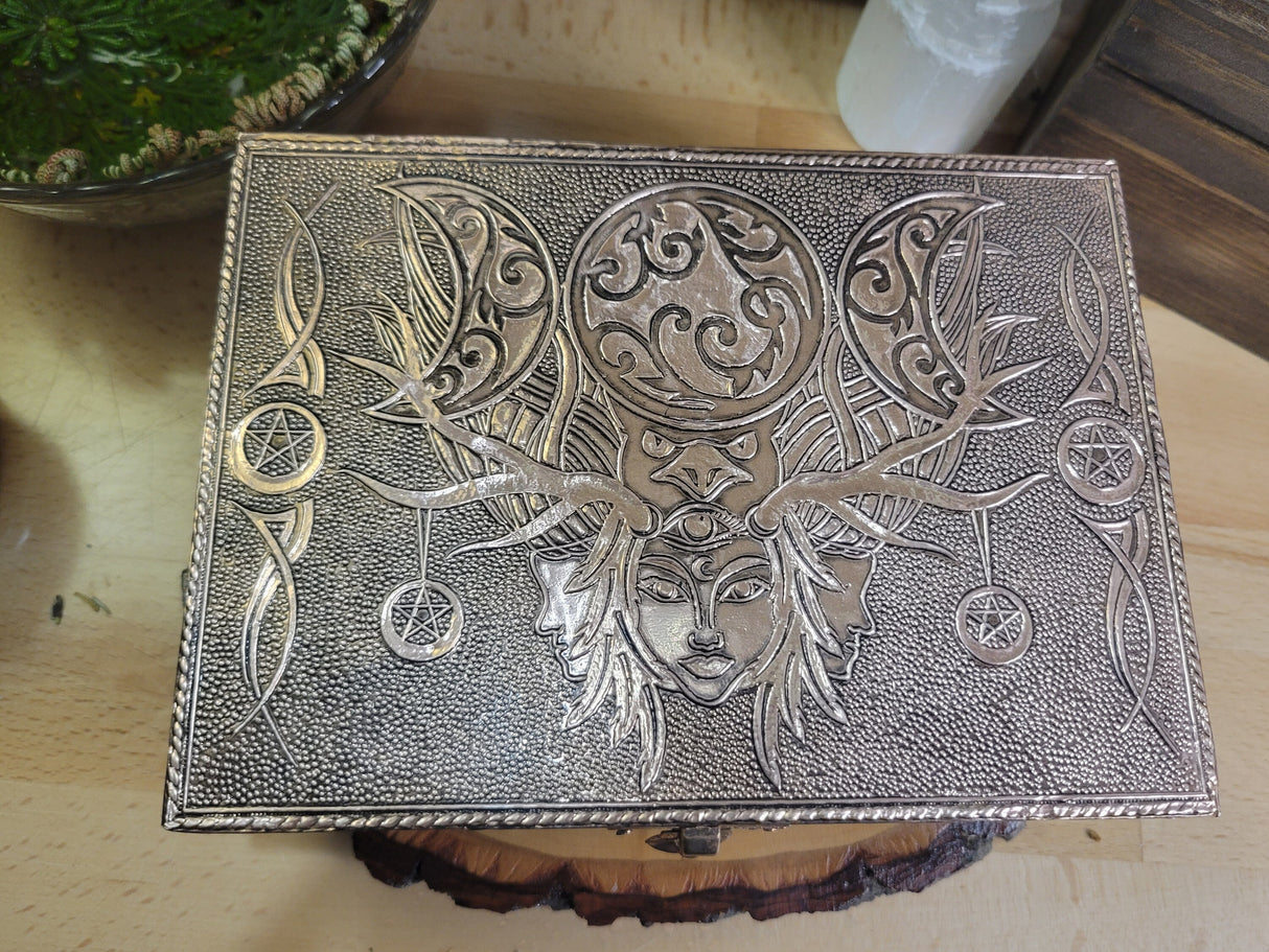Witch Triple Moon Goddess Carved Metal over Wood Box Handcrafted Tarot Box Altar Box Gift for Her