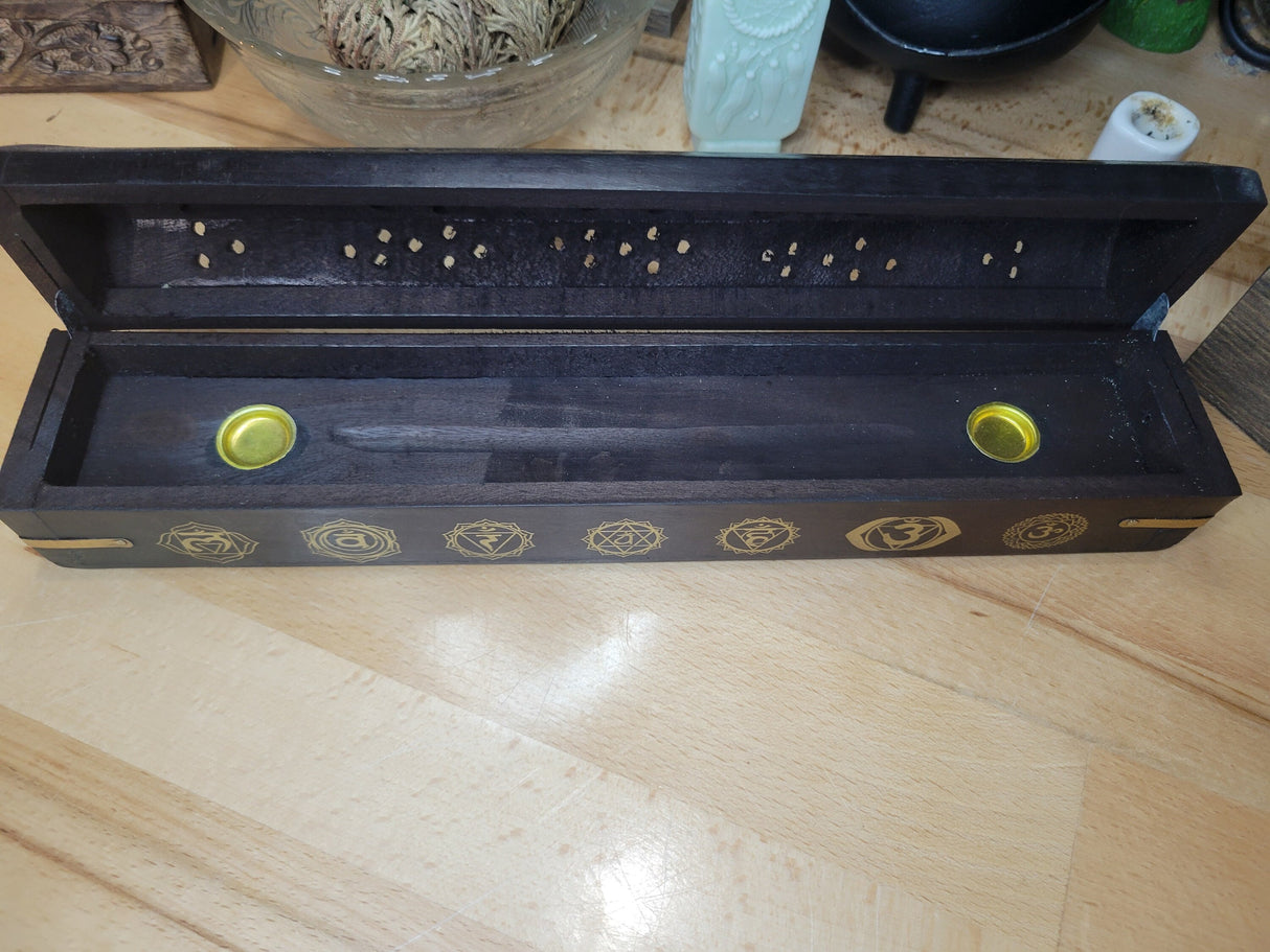 Seven Chakra Black Wood Incense Burner Black Wooden Burner Box, Incense Storage Box, Chakra Ash Catcher