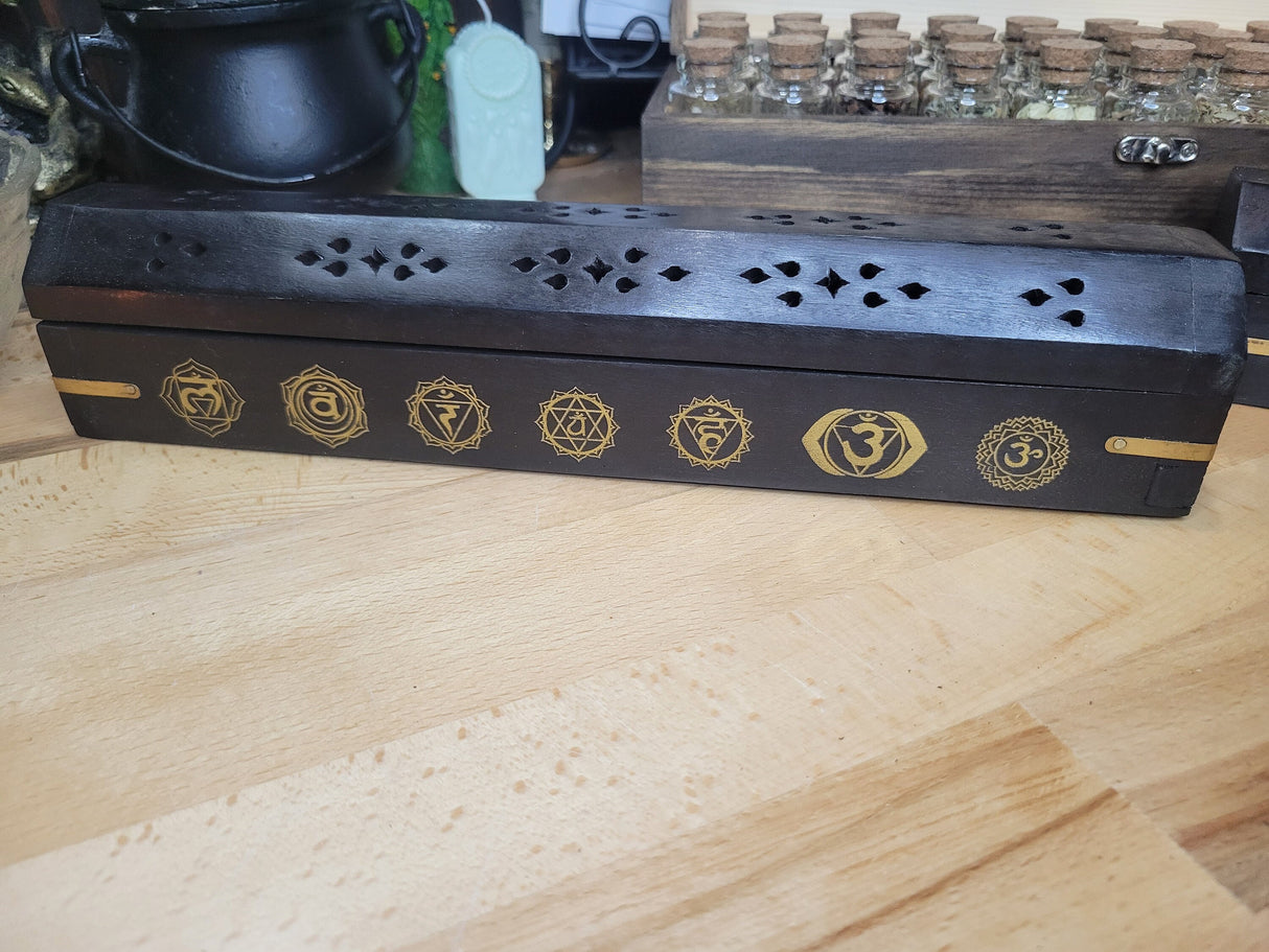 Seven Chakra Black Wood Incense Burner Black Wooden Burner Box, Incense Storage Box, Chakra Ash Catcher
