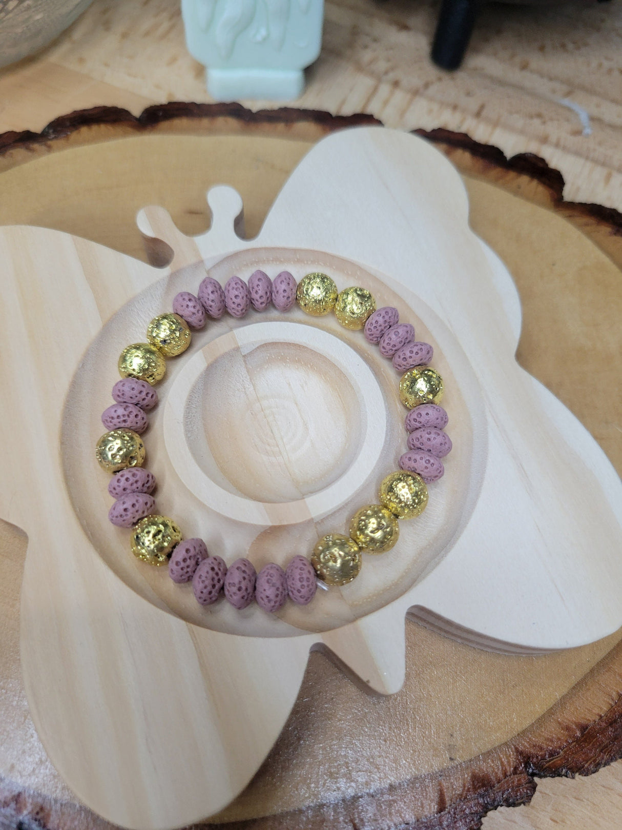 Colorful Lava Rock Stretch Bracelet: Golden Accents, Handmade Jewelry