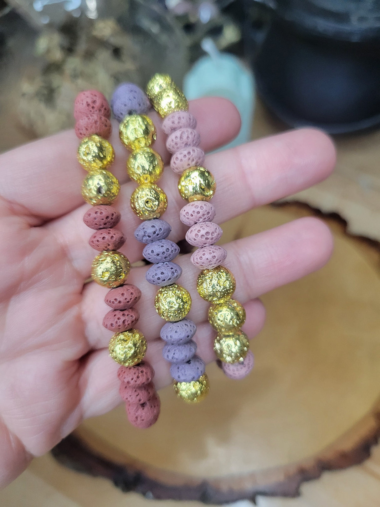 Colorful Lava Rock Stretch Bracelet: Golden Accents, Handmade Jewelry