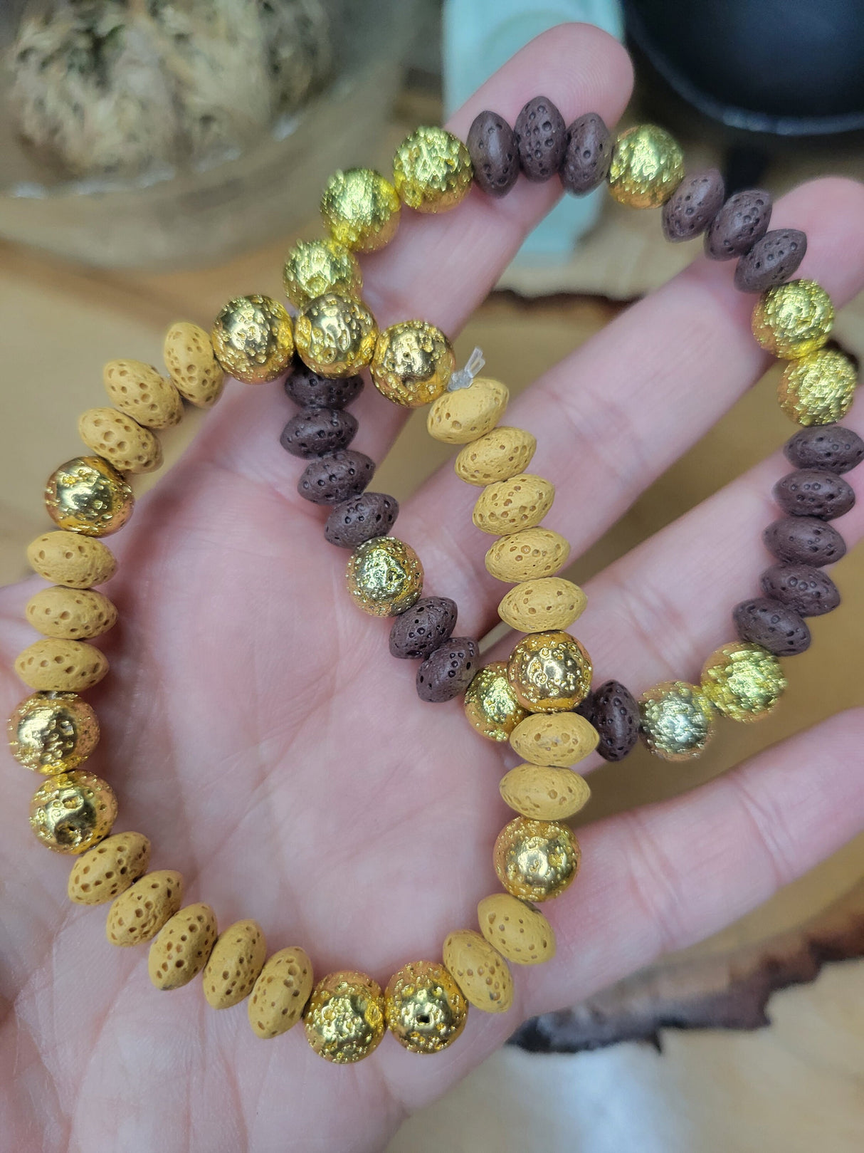 Colorful Lava Rock Stretch Bracelet: Golden Accents, Handmade Jewelry