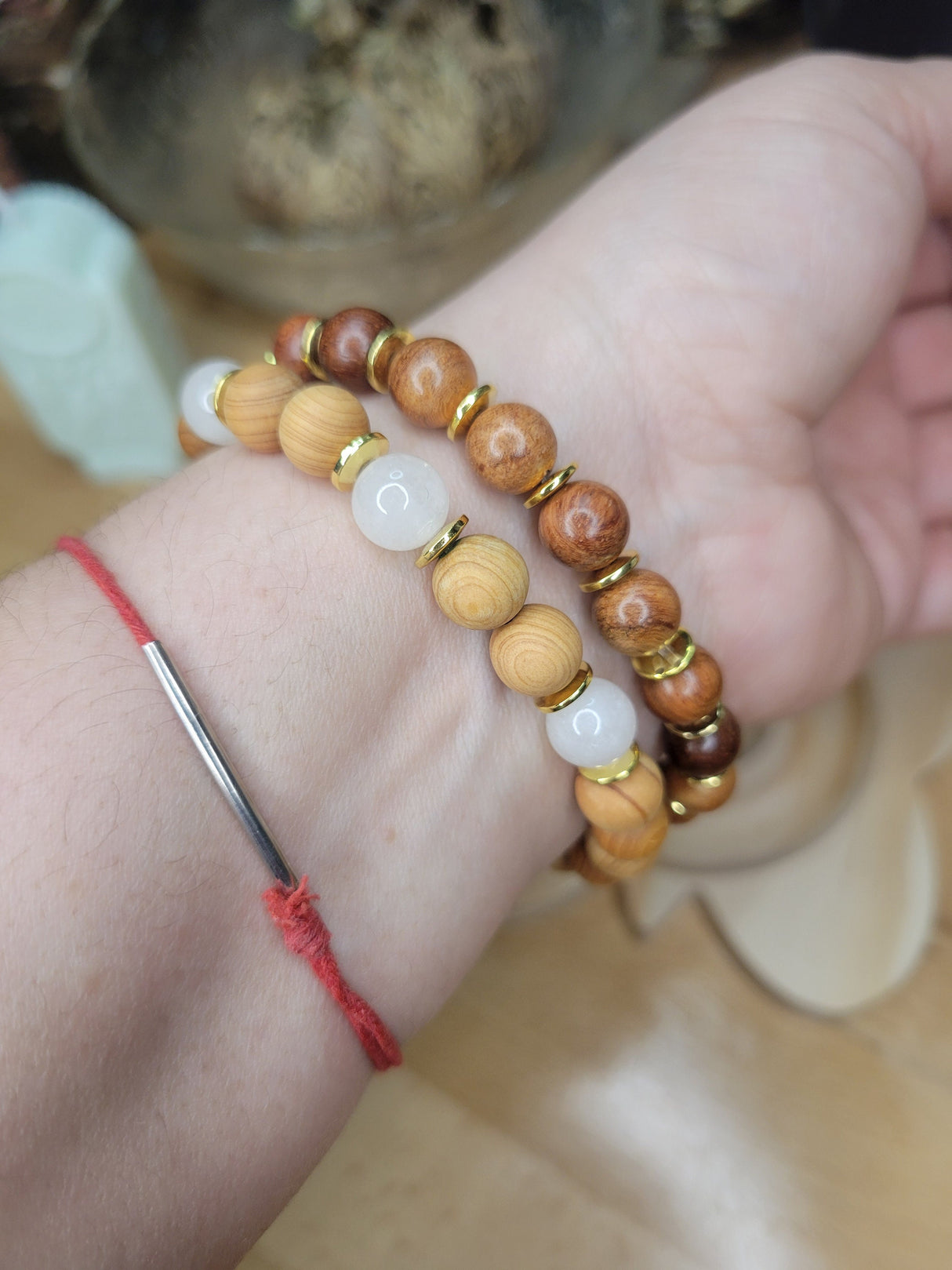 Natural Quartz Bracelets with Wood Beads Stretchy Bracelets Stacking Bracelets Quartz Lover Gift