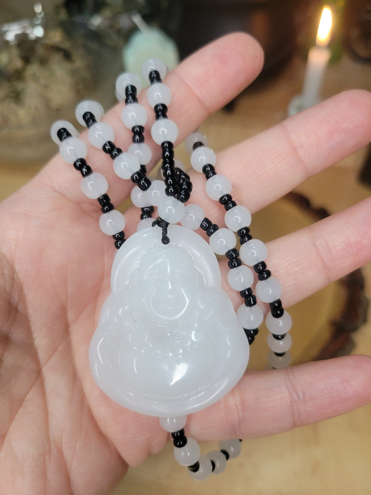 Resin Buddha Necklace: Om Mani Padme Hum Beaded Buddhist Jewelry