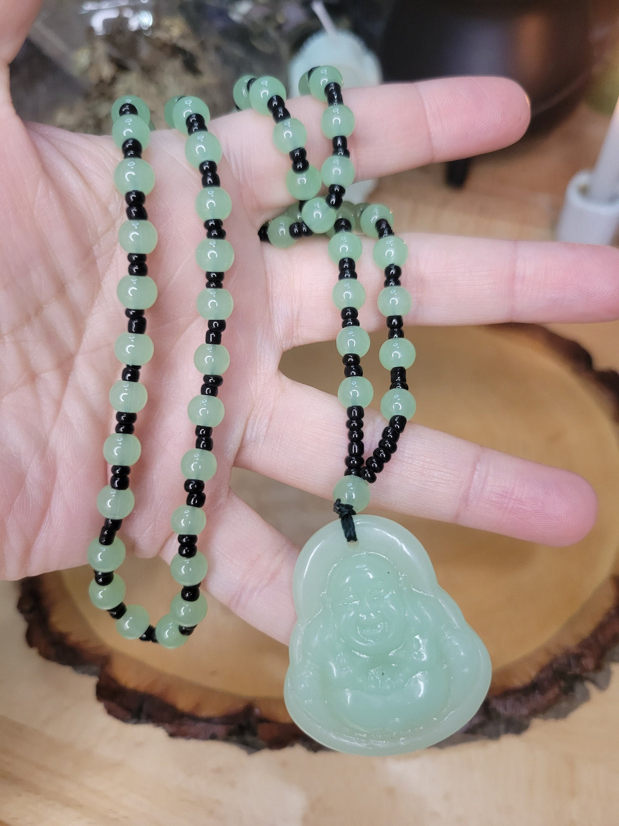 Resin Buddha Necklace: Om Mani Padme Hum Beaded Buddhist Jewelry
