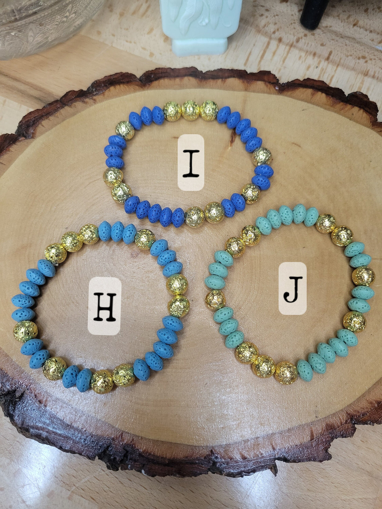 Colorful Lava Rock Stretch Bracelet: Golden Accents, Handmade Jewelry