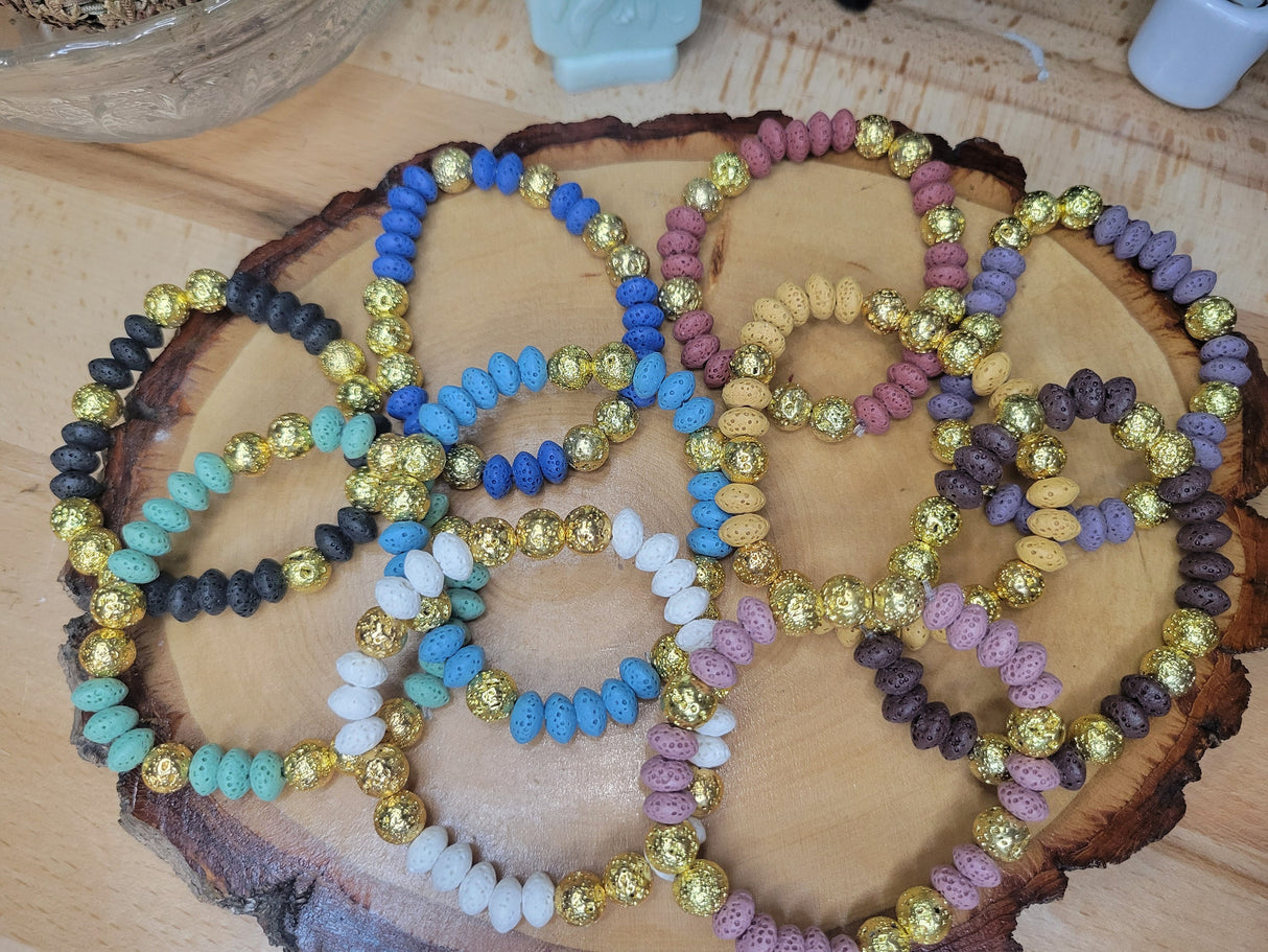Colorful Lava Rock Stretch Bracelet: Golden Accents, Handmade Jewelry