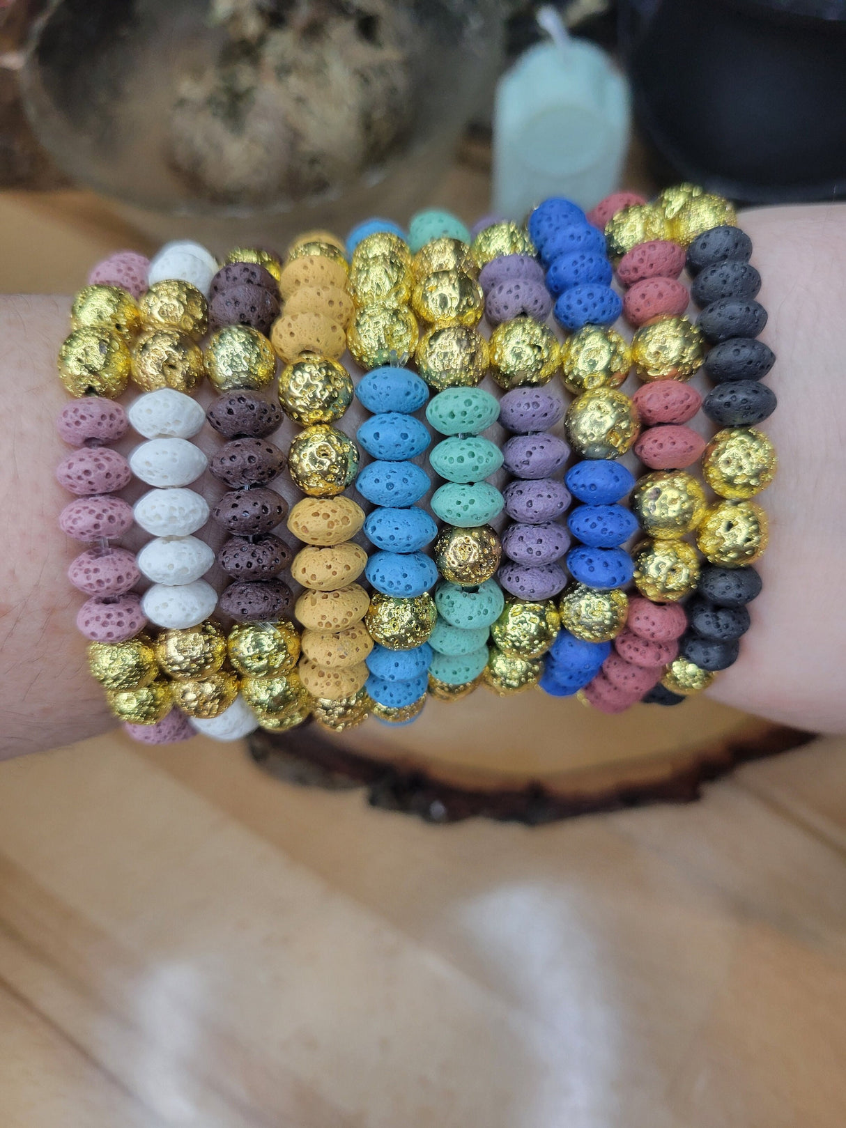 Colorful Lava Rock Stretch Bracelet: Golden Accents, Handmade Jewelry