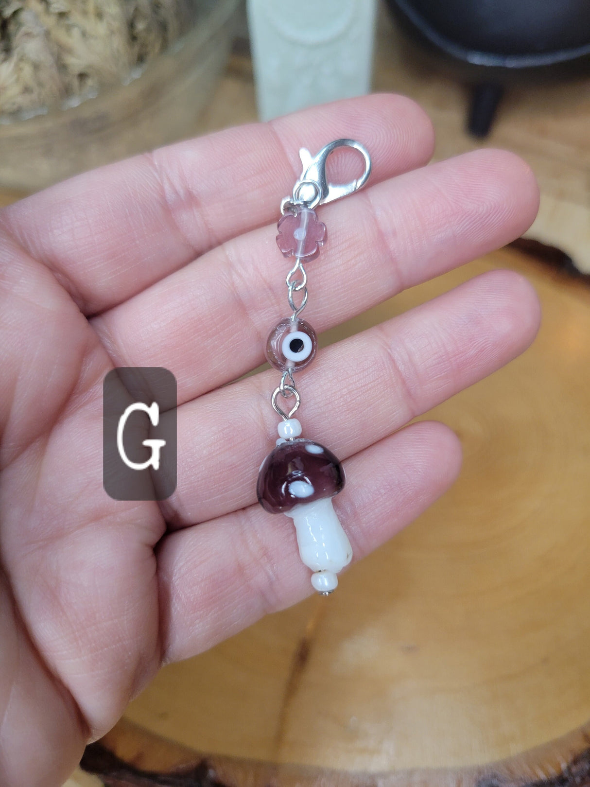 Handmade Mushroom Evil Eye Pendant: Lampwork Charm with Lobster Clasp