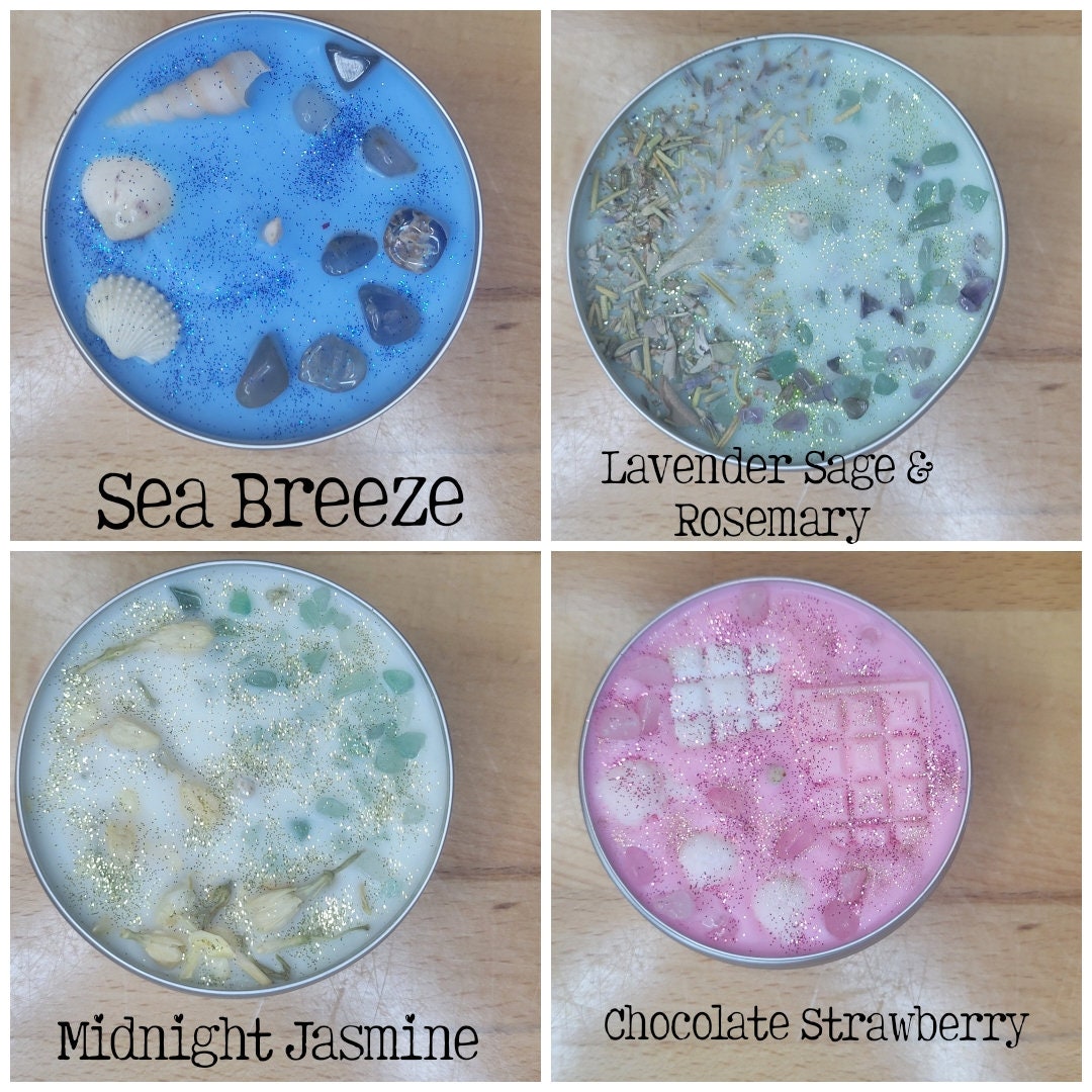 Crystal Infused Soy Candle: Scented with Herbs, Meditation Candle