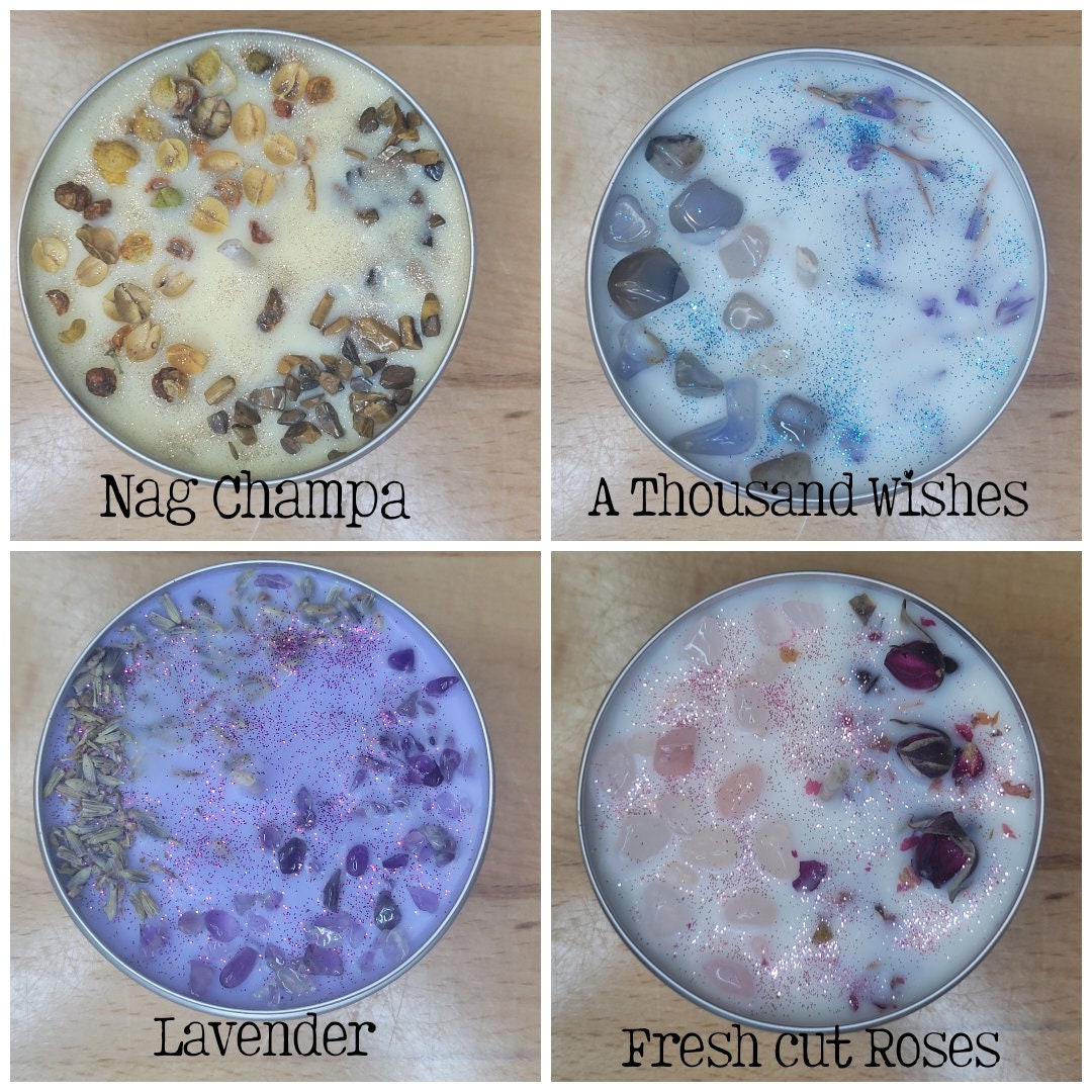 Crystal Infused Soy Candle: Scented with Herbs, Meditation Candle