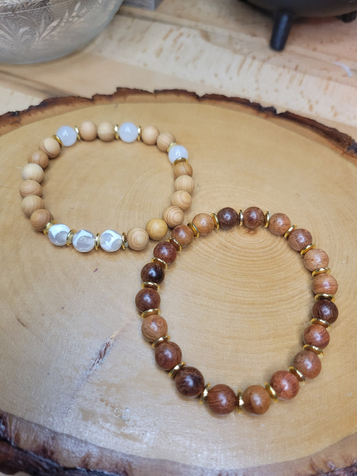 Natural Quartz Bracelets with Wood Beads Stretchy Bracelets Stacking Bracelets Quartz Lover Gift