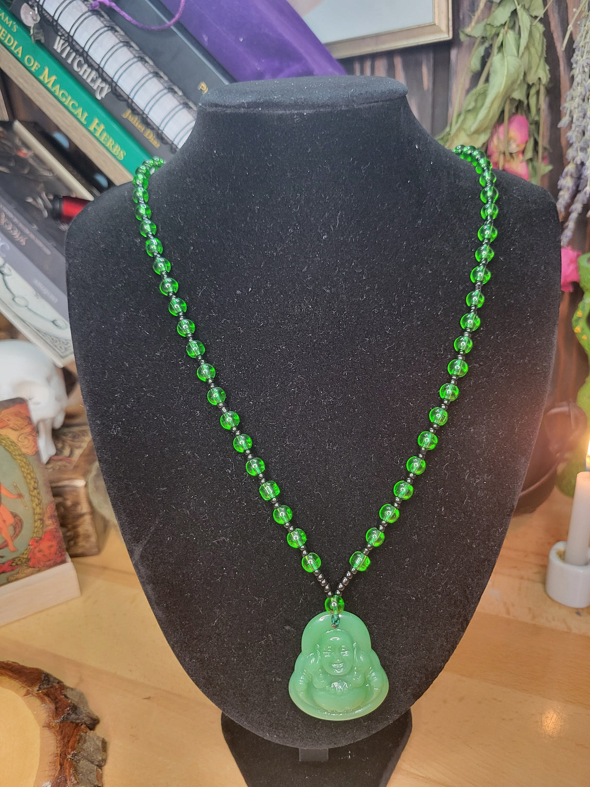 Resin Buddha Necklace: Om Mani Padme Hum Beaded Buddhist Jewelry