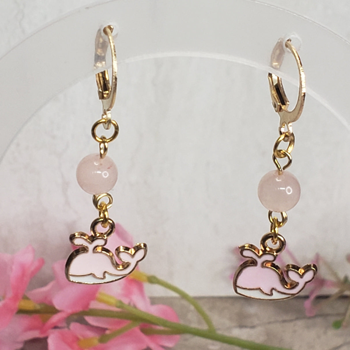Whale Earrings: Rose Quartz & Agate Sea Charms, Handmade Jewelry