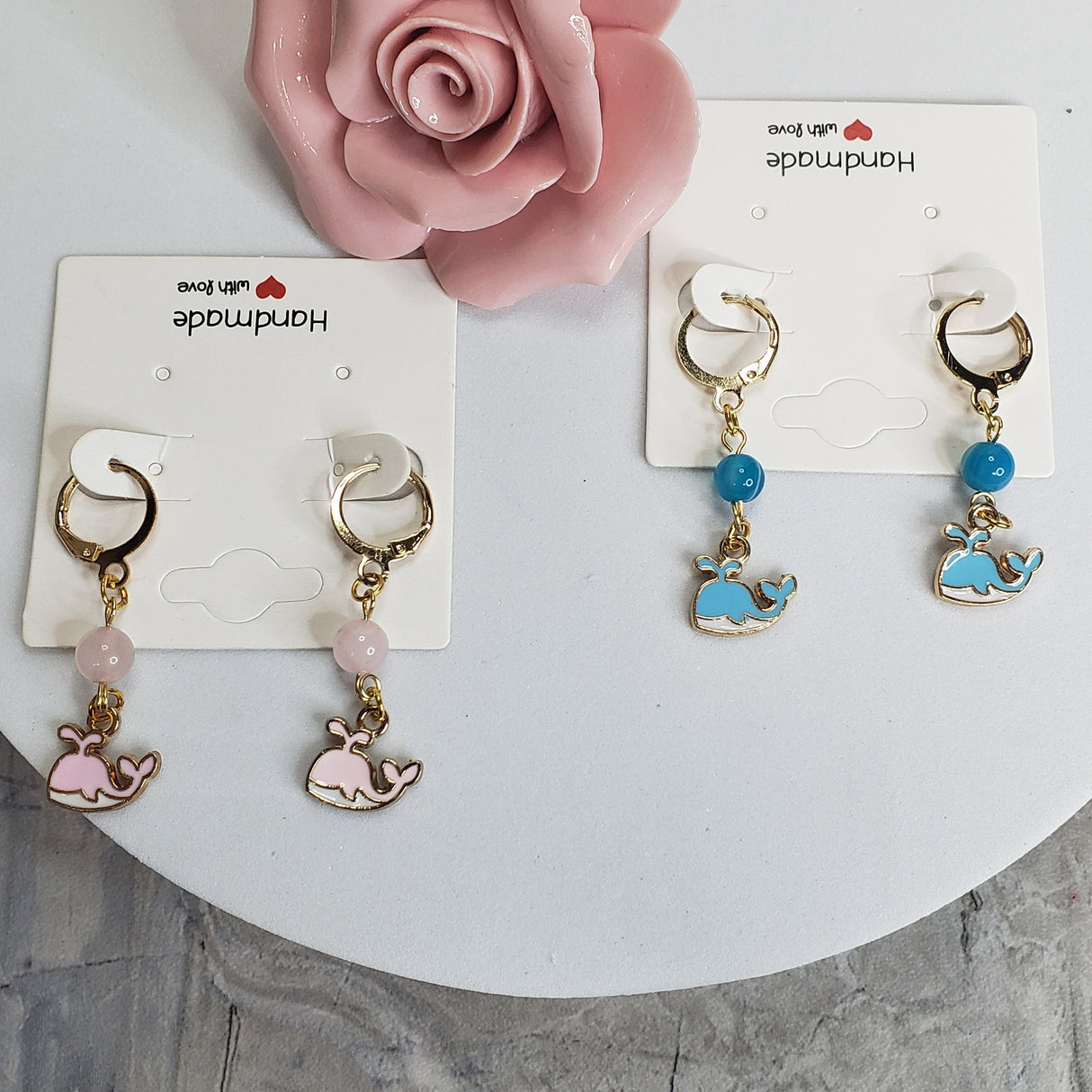 Whale Earrings: Rose Quartz & Agate Sea Charms, Handmade Jewelry