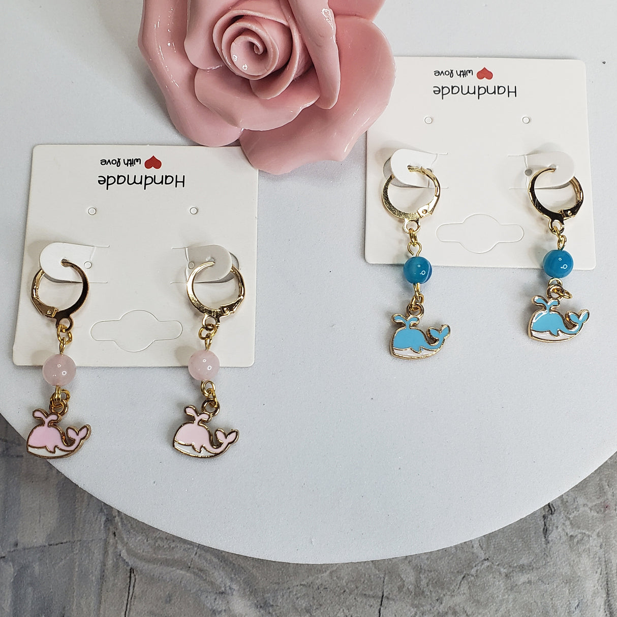 Whale Earrings: Rose Quartz & Agate Sea Charms, Handmade Jewelry