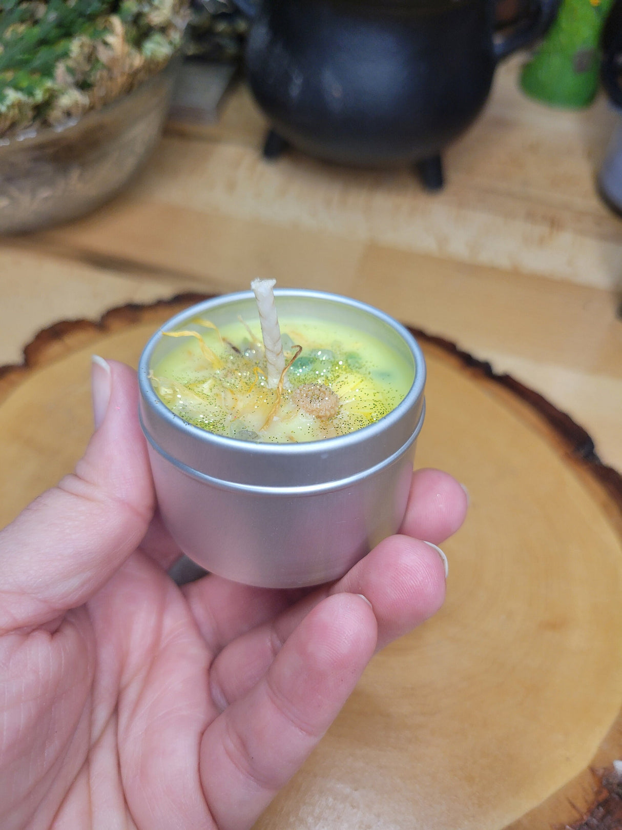 Sunflower Soy Candle: Hand-Poured Tin Jar Candle with Floral Accents