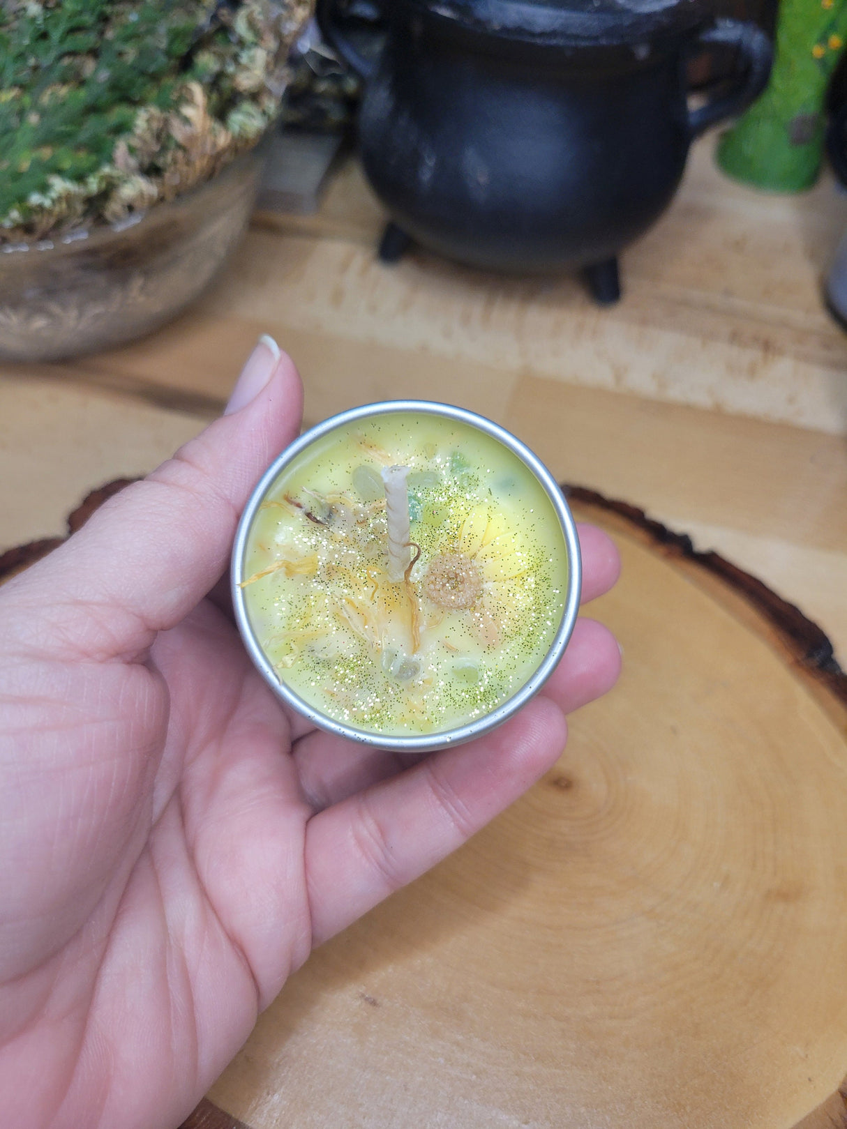 Sunflower Soy Candle: Hand-Poured Tin Jar Candle with Floral Accents