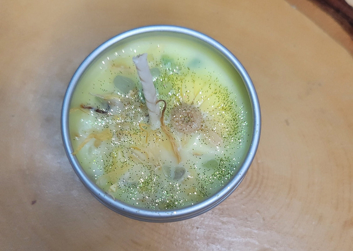 Sunflower Soy Candle: Hand-Poured Tin Jar Candle with Floral Accents