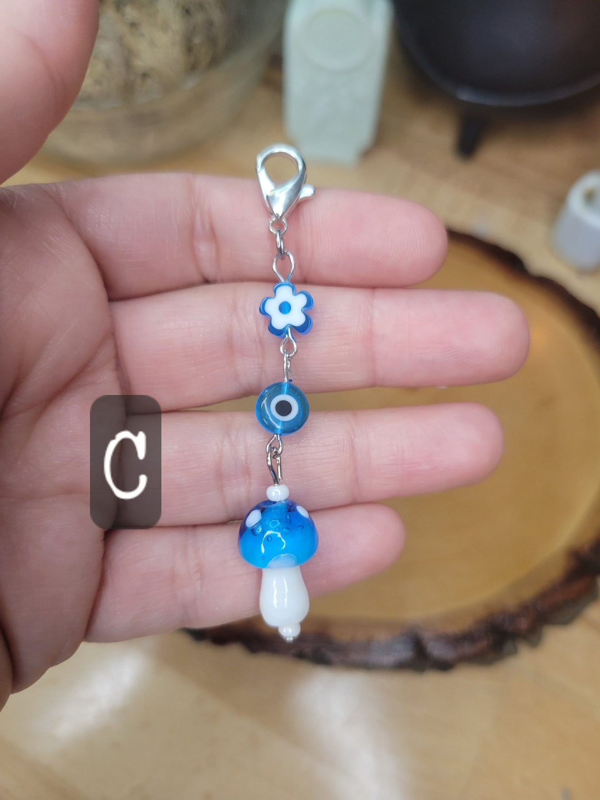 Handmade Mushroom Evil Eye Pendant: Lampwork Charm with Lobster Clasp