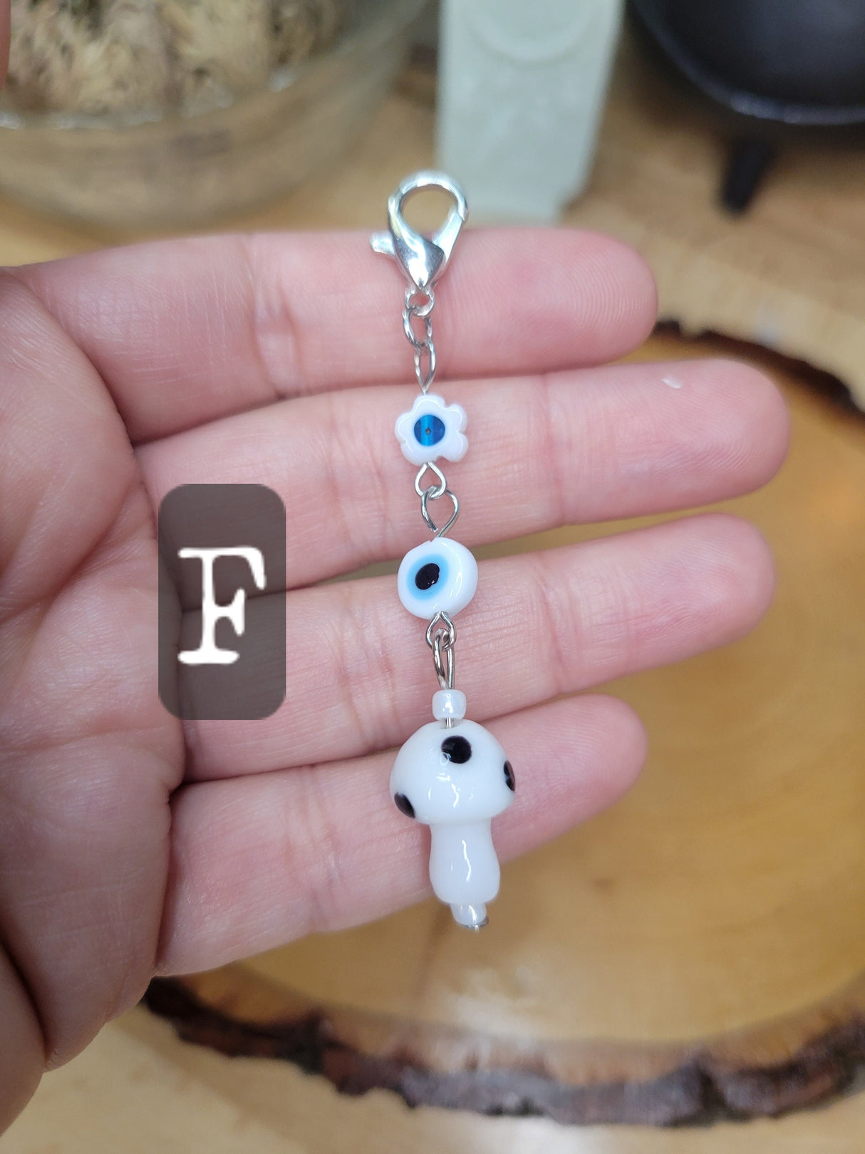 Handmade Mushroom Evil Eye Pendant: Lampwork Charm with Lobster Clasp