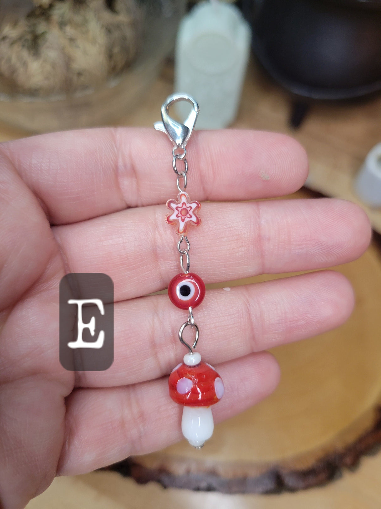 Handmade Mushroom Evil Eye Pendant: Lampwork Charm with Lobster Clasp