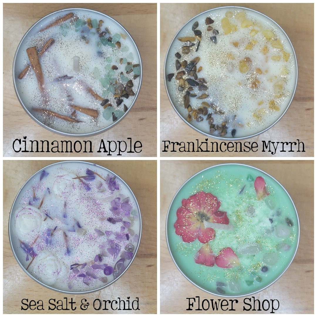 Crystal Infused Soy Candle: Scented with Herbs, Meditation Candle