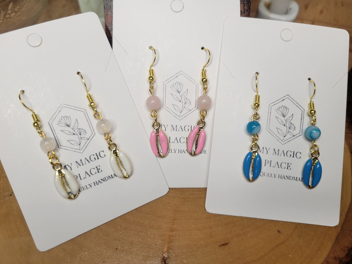 Cowrie Shell Crystal Earrings, Colored Shell Boho Jewelry