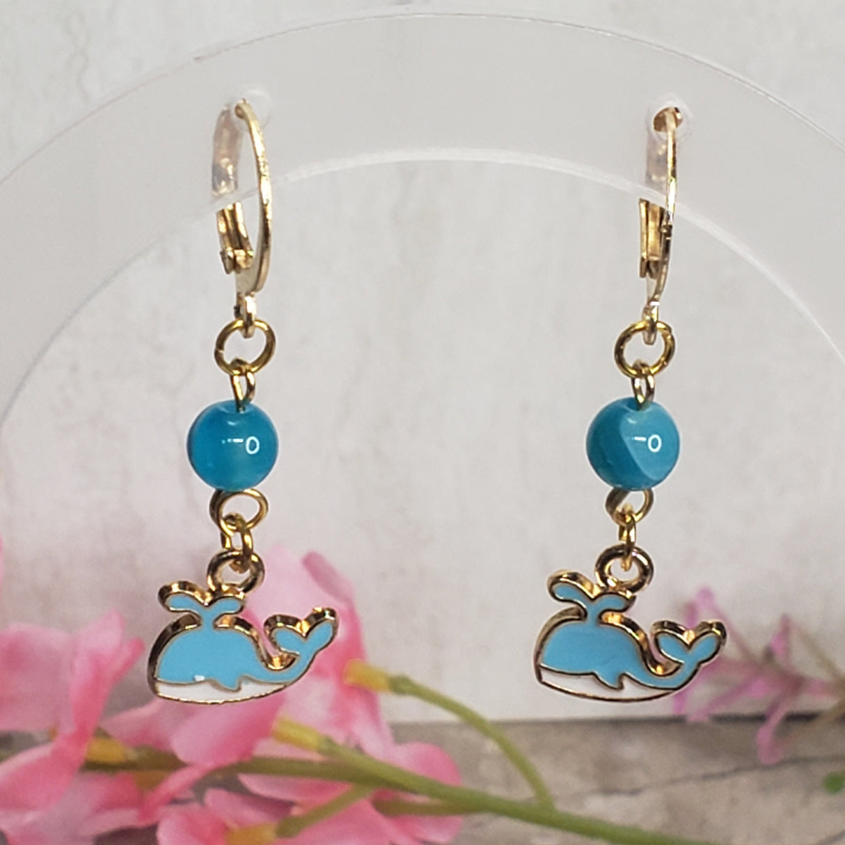 Whale Earrings: Rose Quartz & Agate Sea Charms, Handmade Jewelry