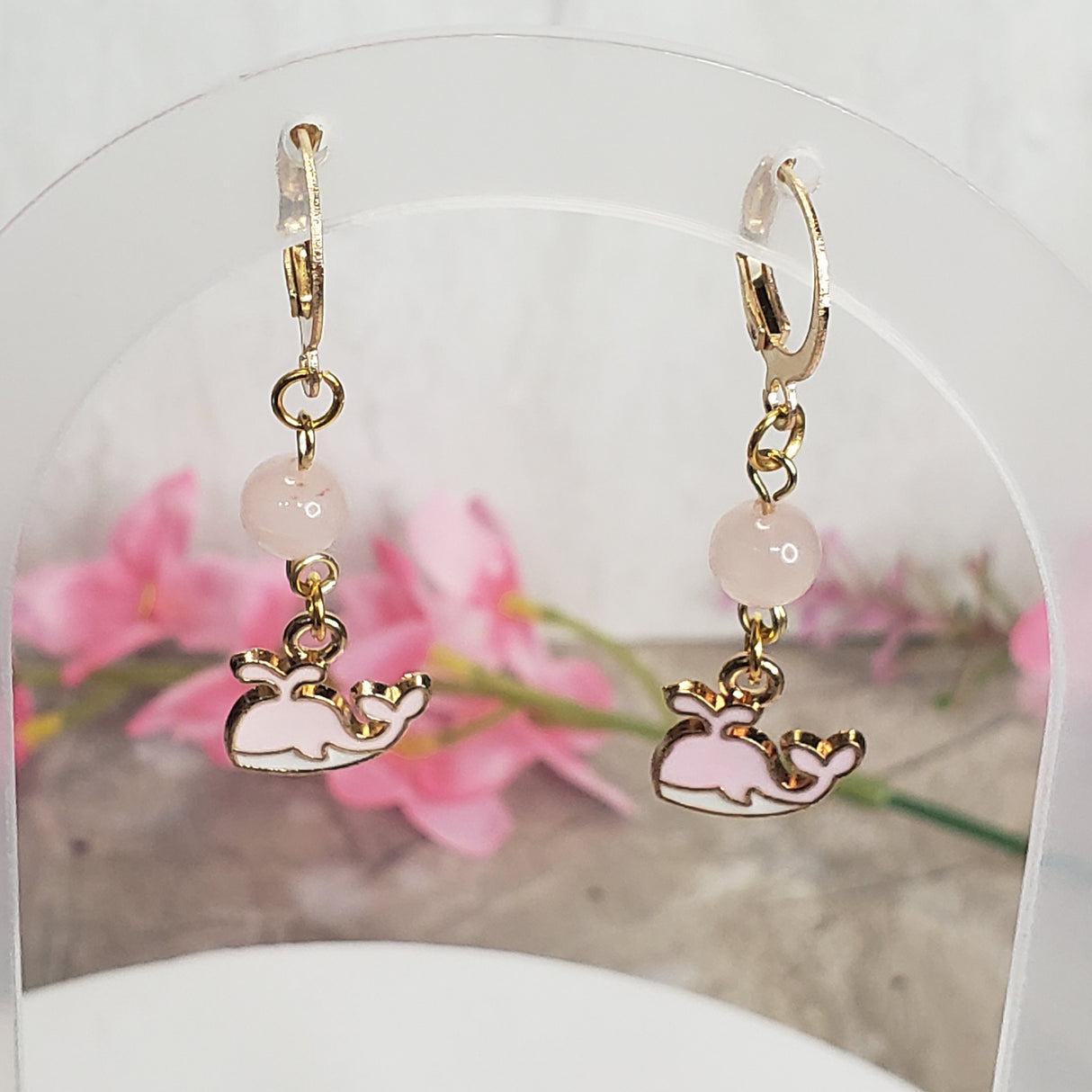 Whale Earrings: Rose Quartz & Agate Sea Charms, Handmade Jewelry