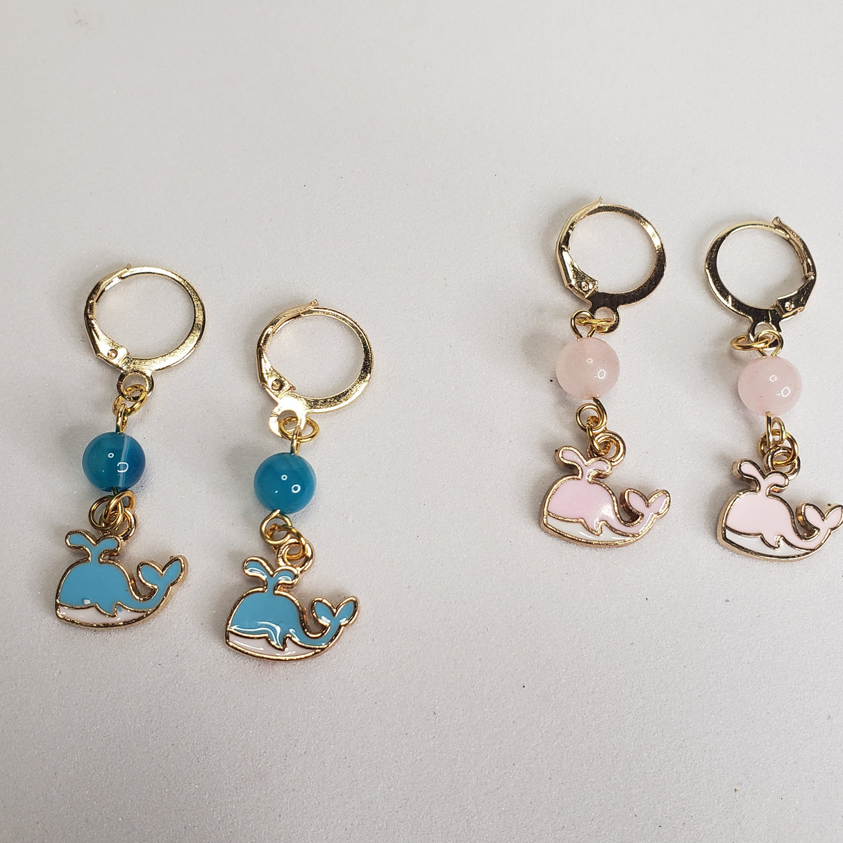 Whale Earrings: Rose Quartz & Agate Sea Charms, Handmade Jewelry