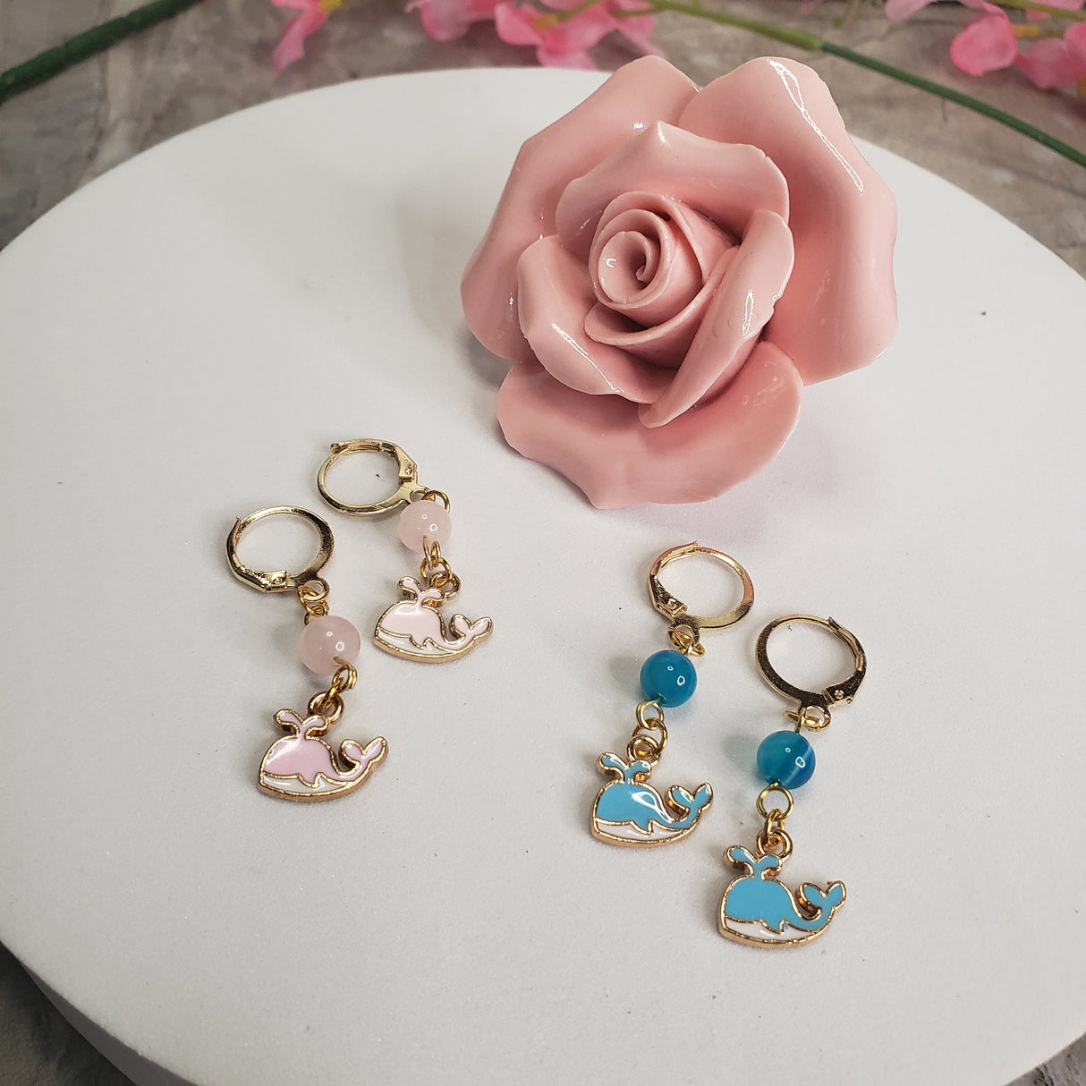 Whale Earrings: Rose Quartz & Agate Sea Charms, Handmade Jewelry