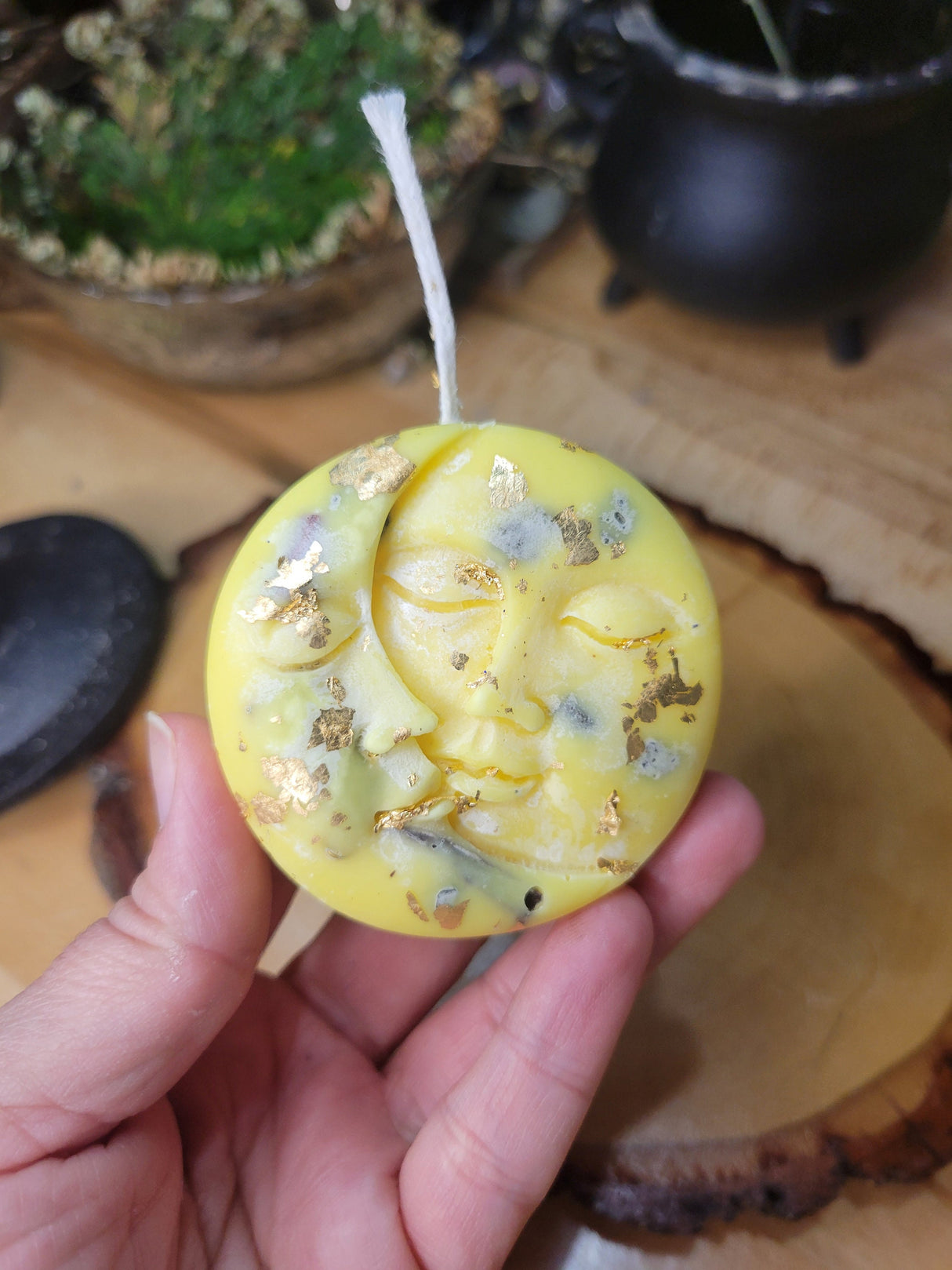 Moon and Sun Manifestation Candle, Pyrite Moon Candle Abundance Drawing Moon and Sun Candle, Green and Gold candle