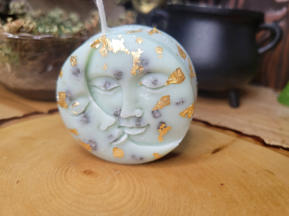 Moon and Sun Manifestation Candle, Pyrite Moon Candle Abundance Drawing Moon and Sun Candle, Green and Gold candle