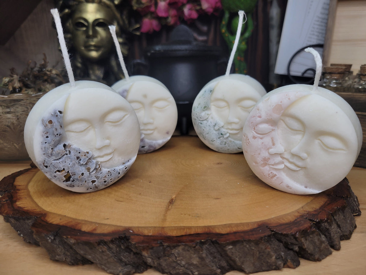 Moon and Sun Crystal Candle - Home Decor Candle - Soy Pillar Candle- Moon with Crystal - Ritual Candle