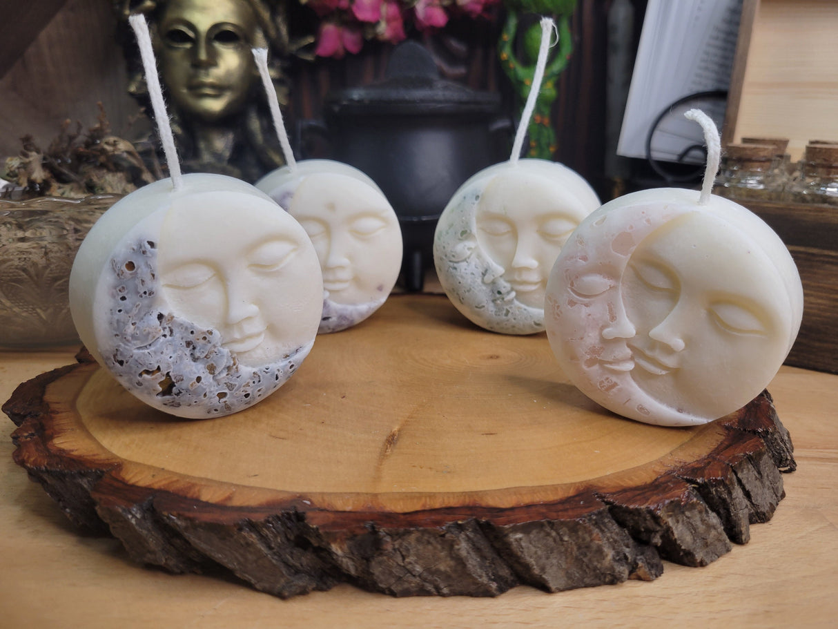 Moon and Sun Crystal Candle - Home Decor Candle - Soy Pillar Candle- Moon with Crystal - Ritual Candle