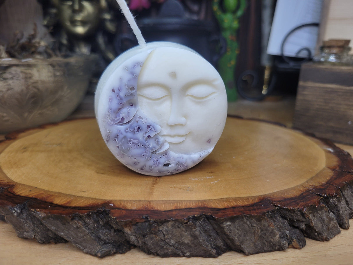 Moon and Sun Crystal Candle - Home Decor Candle - Soy Pillar Candle- Moon with Crystal - Ritual Candle