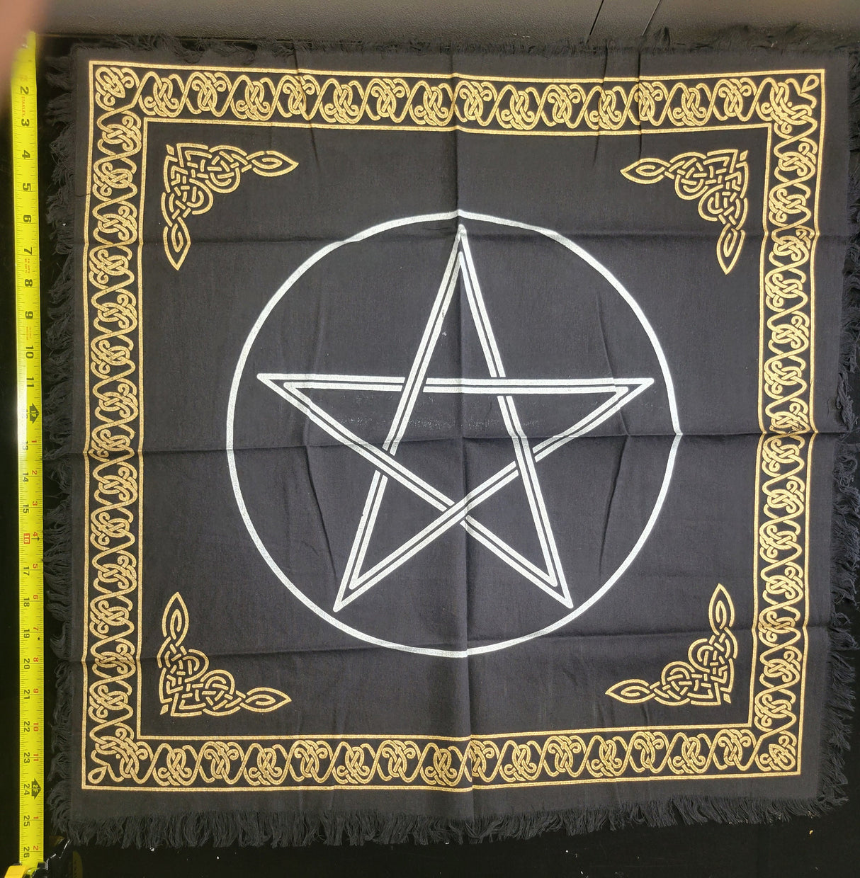 Pentagram Altar Cloth: Black Witchcraft Tablecloth with Golden Border