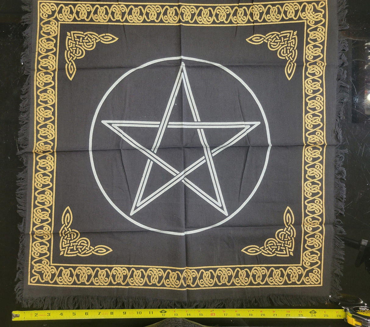 Pentagram Altar Cloth: Black Witchcraft Tablecloth with Golden Border