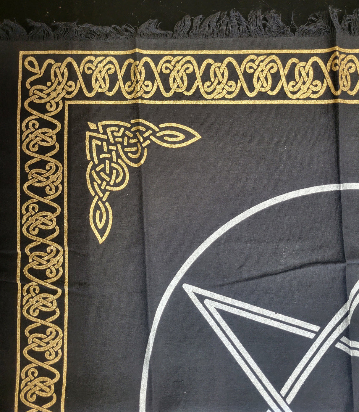Pentagram Altar Cloth: Black Witchcraft Tablecloth with Golden Border