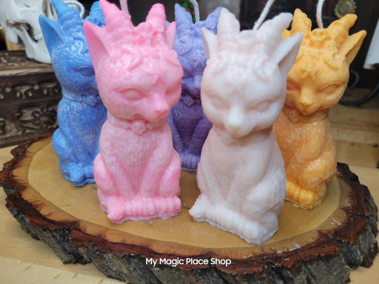 Witchy Cat Candle with Horns: Handmade Palm Wax Candle