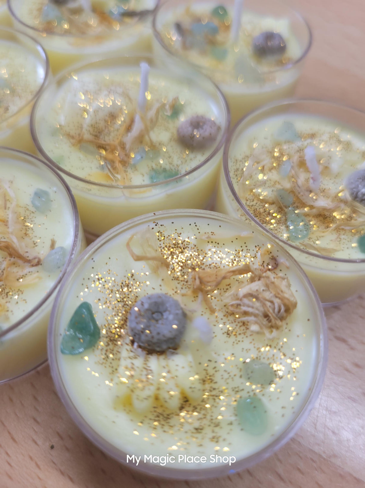 Sunflower Soy Wax Tea Light Candle: Crystal Infused Joy Spell