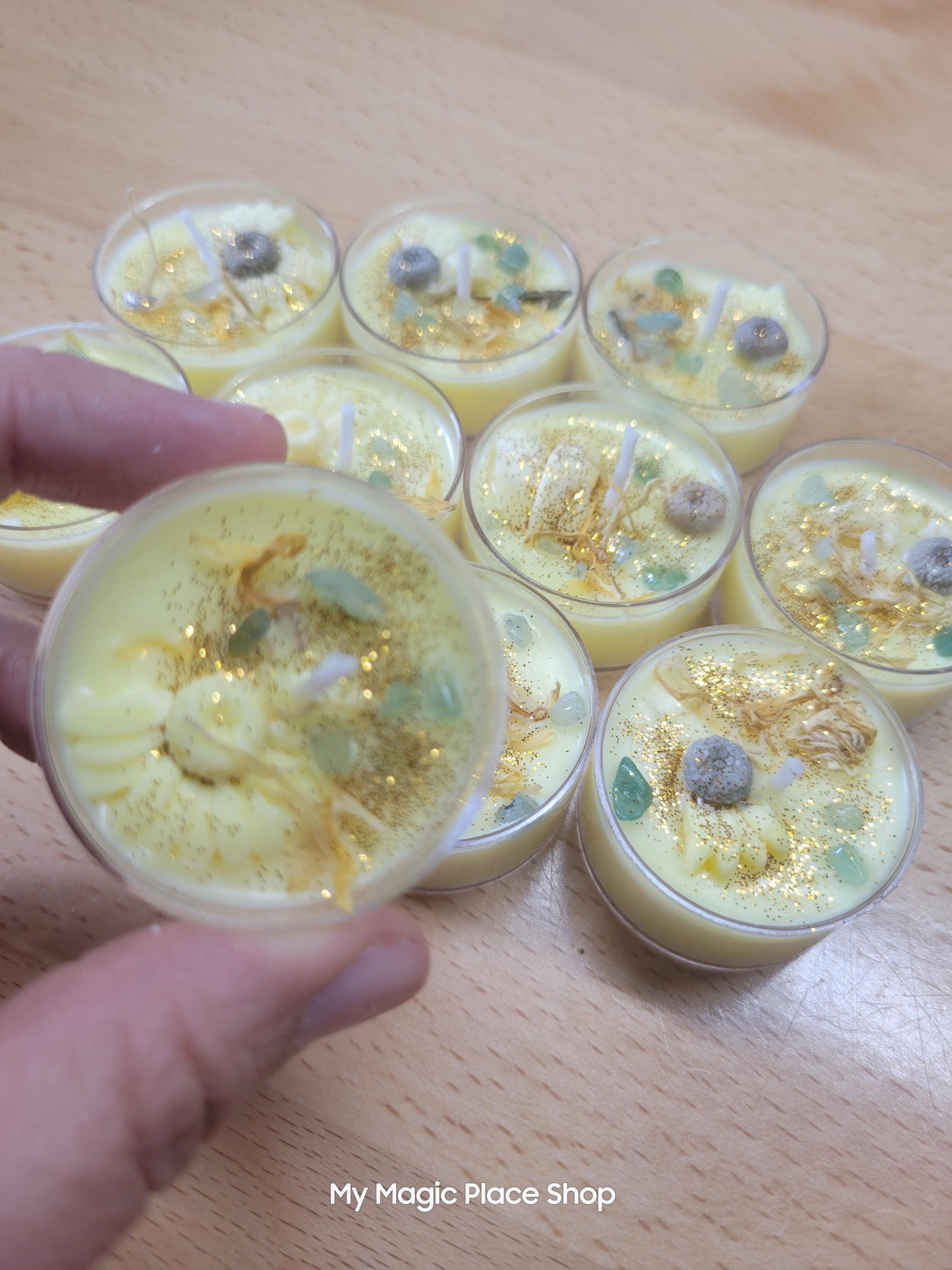 Sunflower Soy Wax Tea Light Candle: Crystal Infused Joy Spell