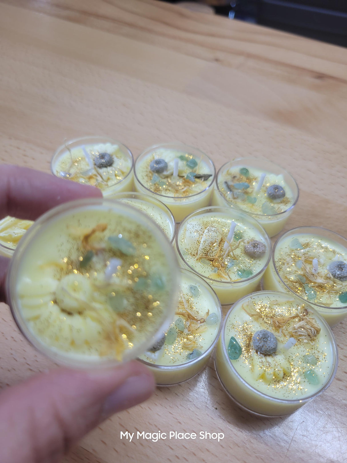 Sunflower Soy Wax Tea Light Candle: Crystal Infused Joy Spell