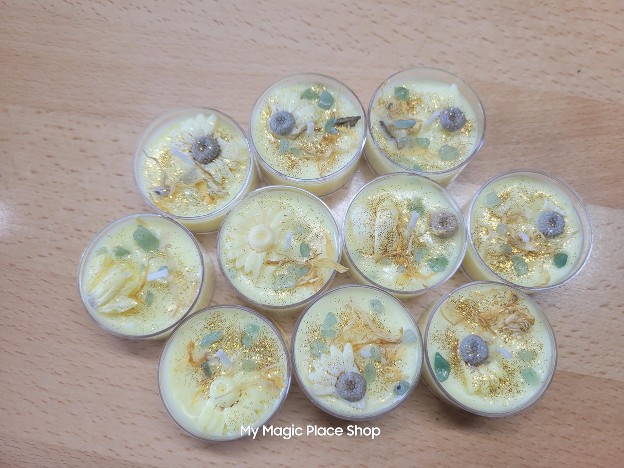 Sunflower Soy Wax Tea Light Candle: Crystal Infused Joy Spell