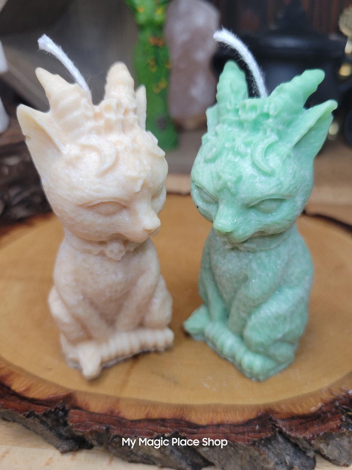 Witchy Cat Candle with Horns: Handmade Palm Wax Candle