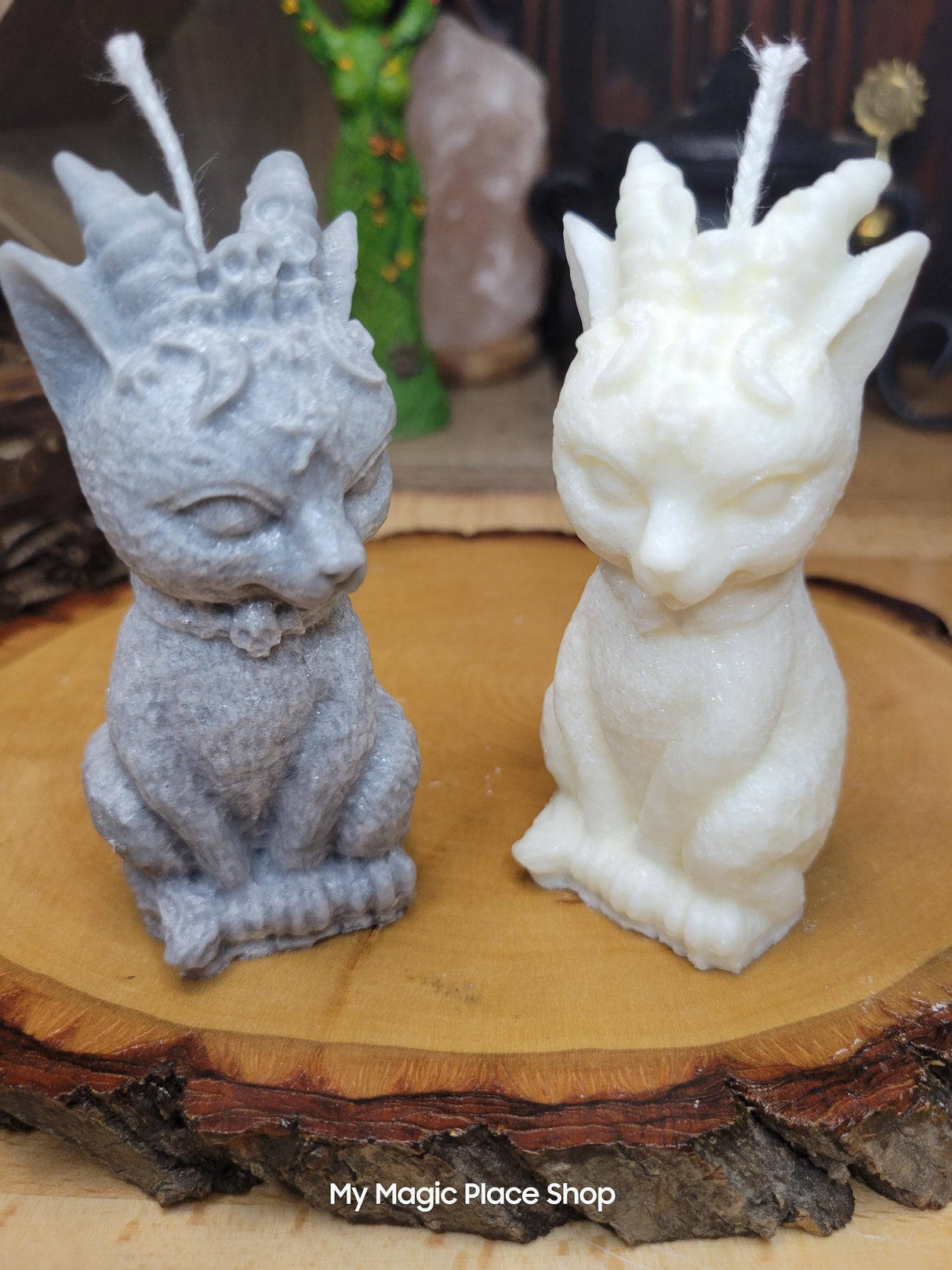 Witchy Cat Candle with Horns: Handmade Palm Wax Candle