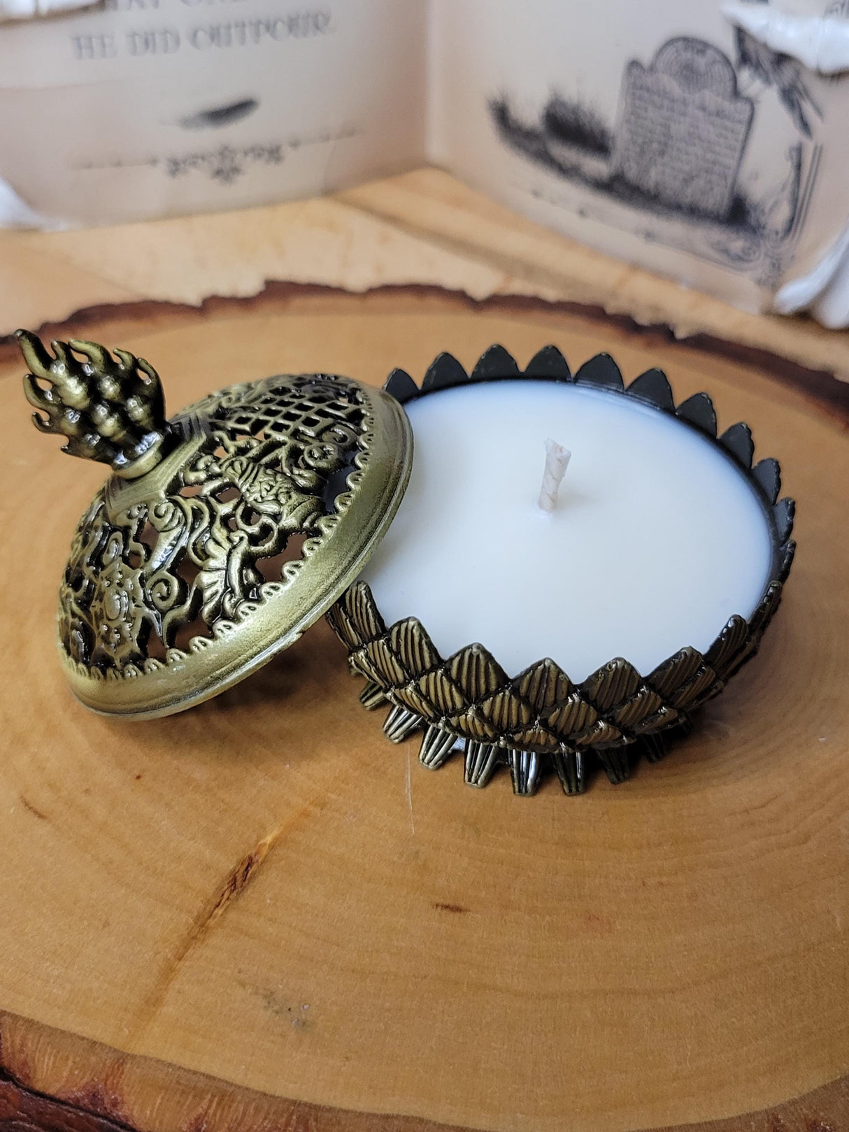 Lotus Brass Candle Burner: Scented Soy Wax Candle, Reusable Holder