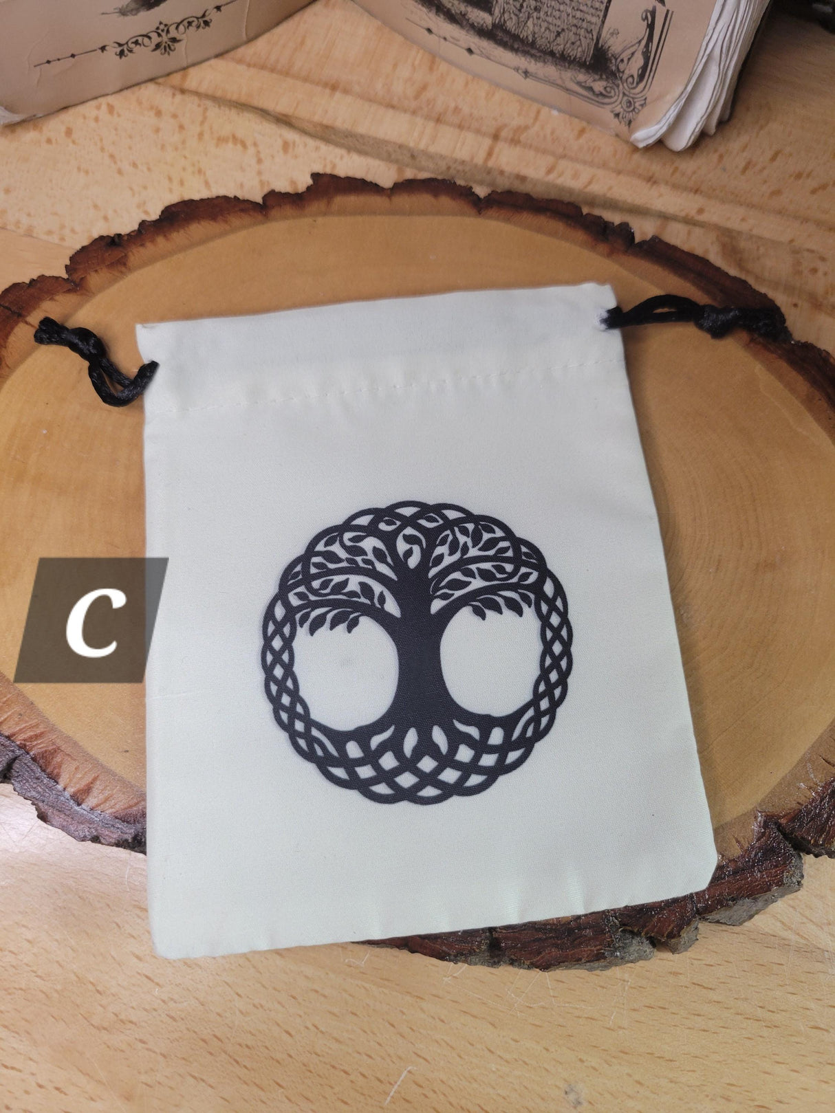 Printed Cotton Drawstring Pouch: Tree of Life, Pentacle, Celtic Symbols